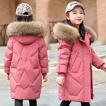 5-14 Years Teen Girls Winter Jacket Plus Velvet Warm Kids Windbreaker Coat For Girls Fur Collar Hooded Parkas Children Outerwear