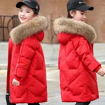 5-14 Years Teen Girls Winter Jacket Plus Velvet Warm Kids Windbreaker Coat For Girls Fur Collar Hooded Parkas Children Outerwear