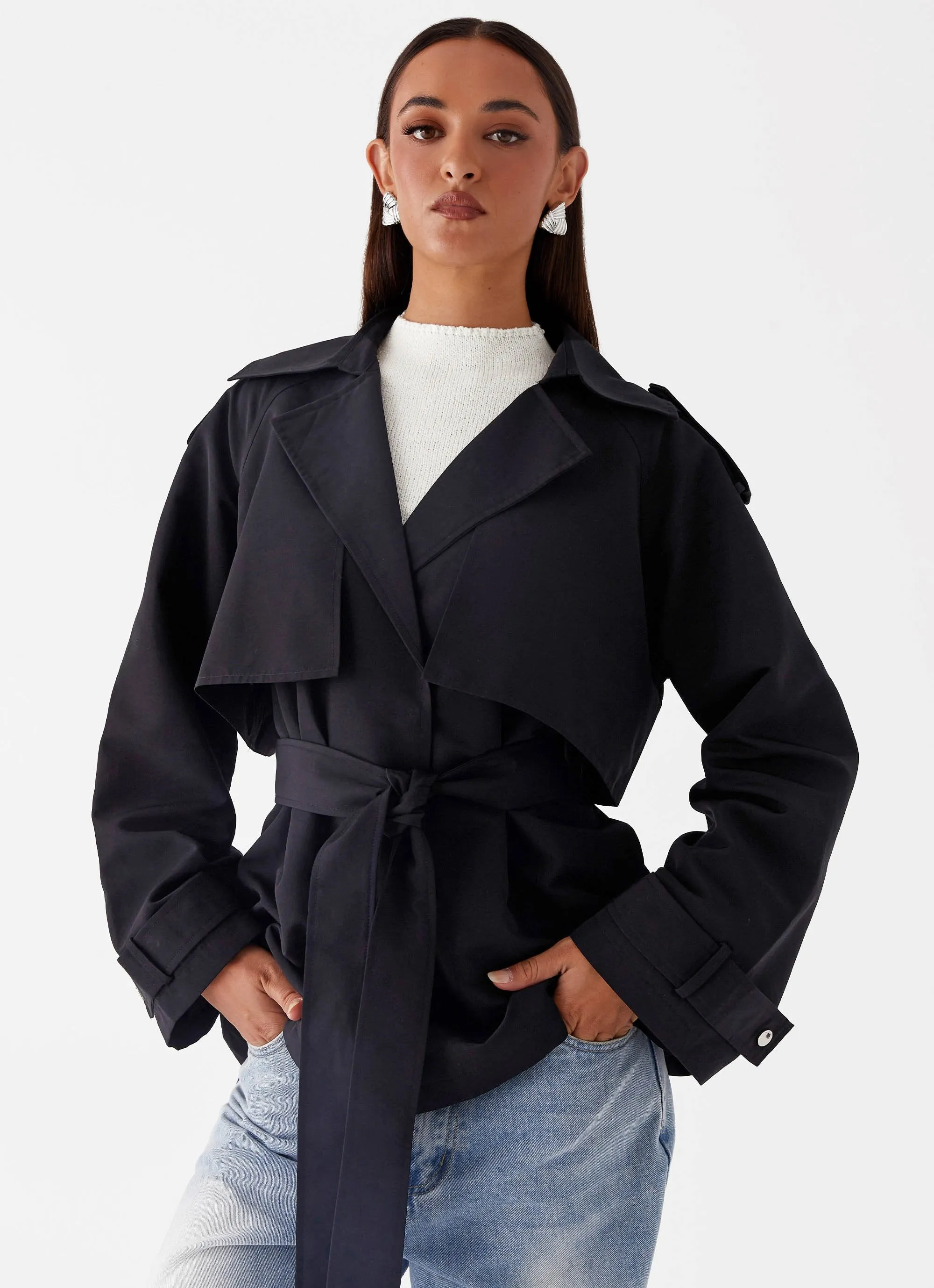 Ace Of Spades Cropped Trench Coat - Black