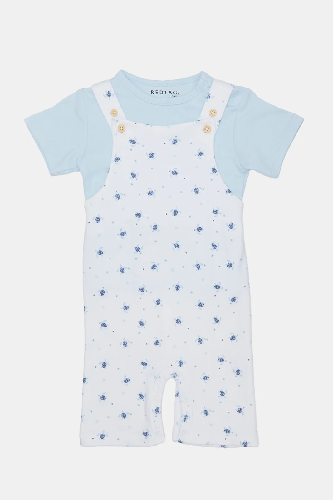 Baby White And Blue Printed T-Shirt And Dungaree Set (2 Piece)