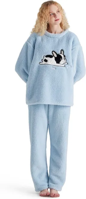 Bedsure Ultra-Soft Shaggy Sherpa Loungewear Set-Prints Blue