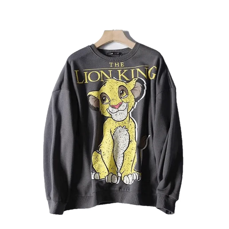 Casual Black Pink Lion King Print Women Hoodies Long Sleeve O Neck Ladies Sweatshirt Pullover