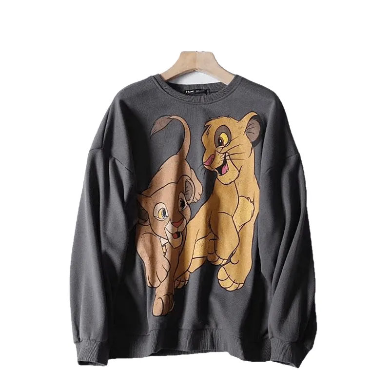 Casual Black Pink Lion King Print Women Hoodies Long Sleeve O Neck Ladies Sweatshirt Pullover