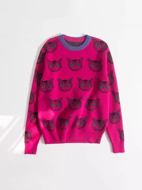 Cat Print Loose Fit Knitted Sweater Featuring Cartoon Pattern