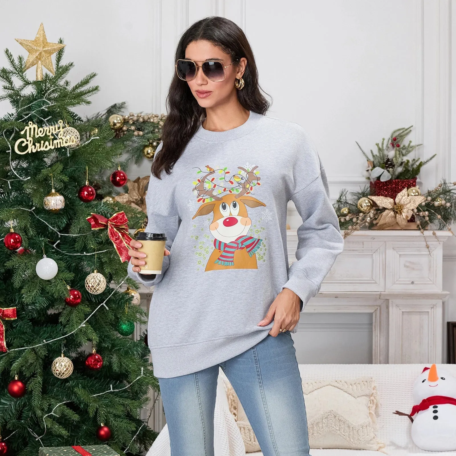 Christmas Deer Print Crew Neck Hoodie