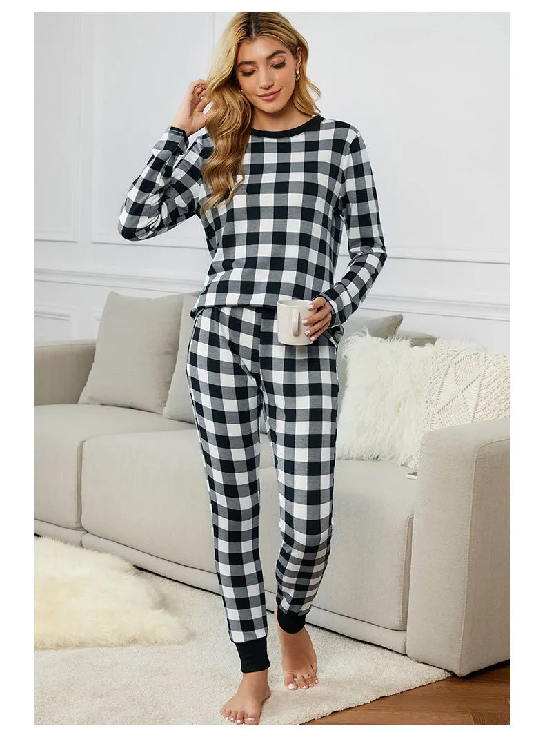 Christmas Long-sleeved Trousers Loungewear Suit Plaid Contrast Color Home Pajamas For Women