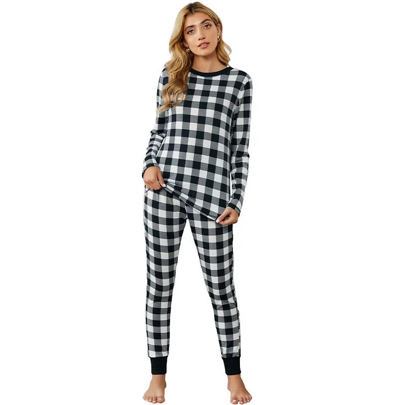 Christmas Long-sleeved Trousers Loungewear Suit Plaid Contrast Color Home Pajamas For Women