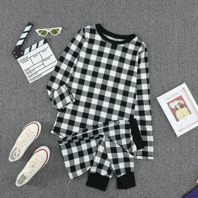 Christmas Long-sleeved Trousers Loungewear Suit Plaid Contrast Color Home Pajamas For Women