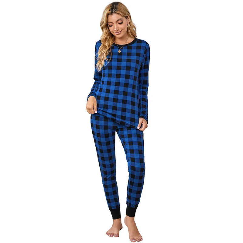 Christmas Long-sleeved Trousers Loungewear Suit Plaid Contrast Color Home Pajamas For Women