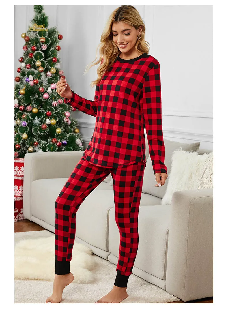 Christmas Long-sleeved Trousers Loungewear Suit Plaid Contrast Color Home Pajamas For Women