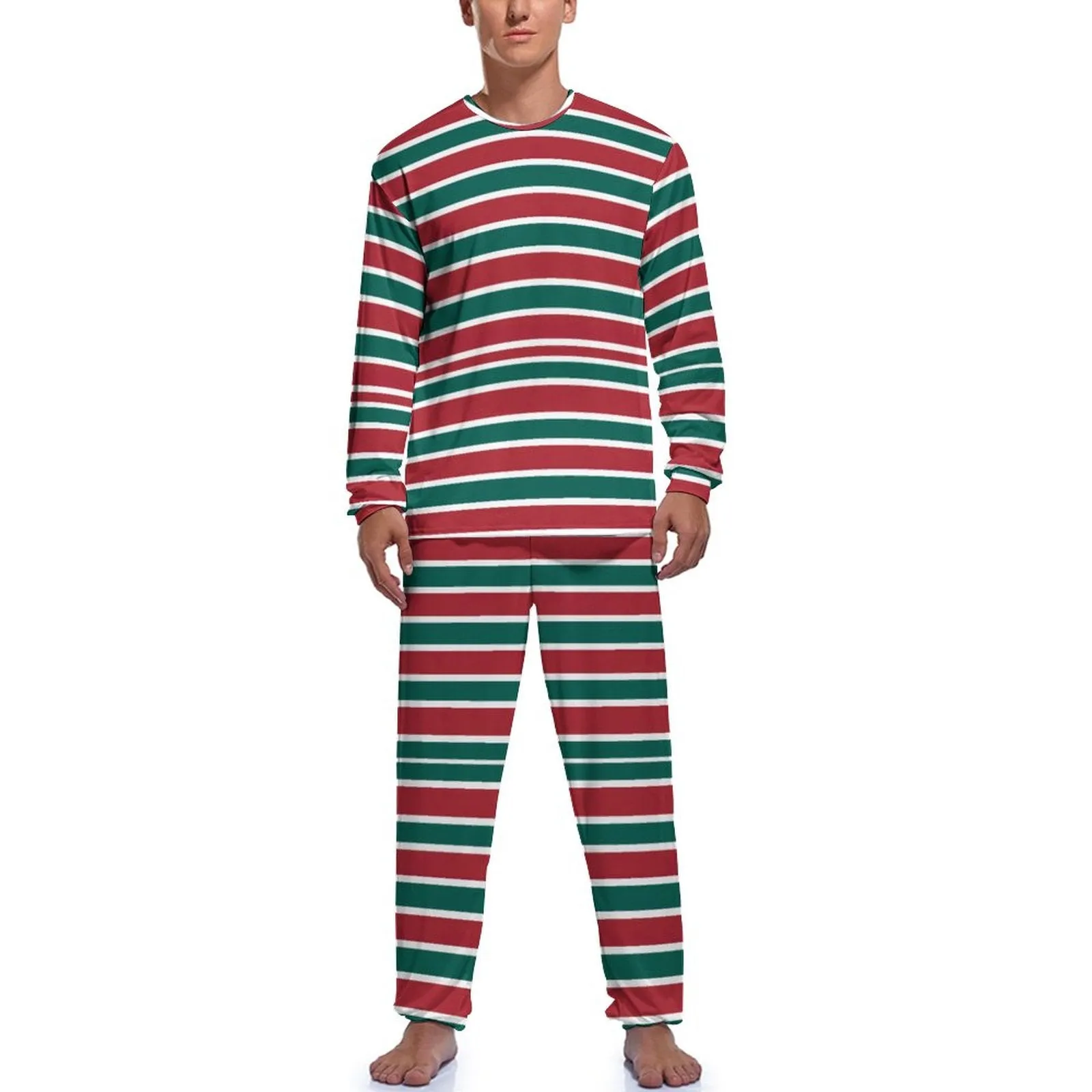 Christmas Striped Men's Pajama Set,  Men's Loungewear Set JJ1201 (All-Over Printing), Red and Green Pajama, Matching Family Pajamas