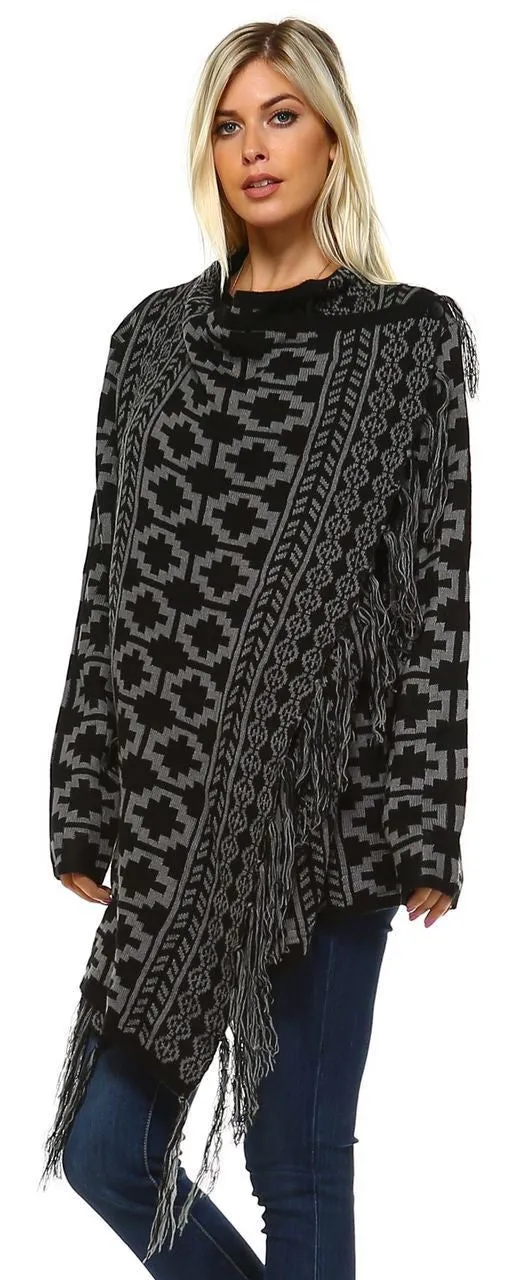 Cowl Aztec Cardigan Tribal Sweater Ponchos Geo Black Gray