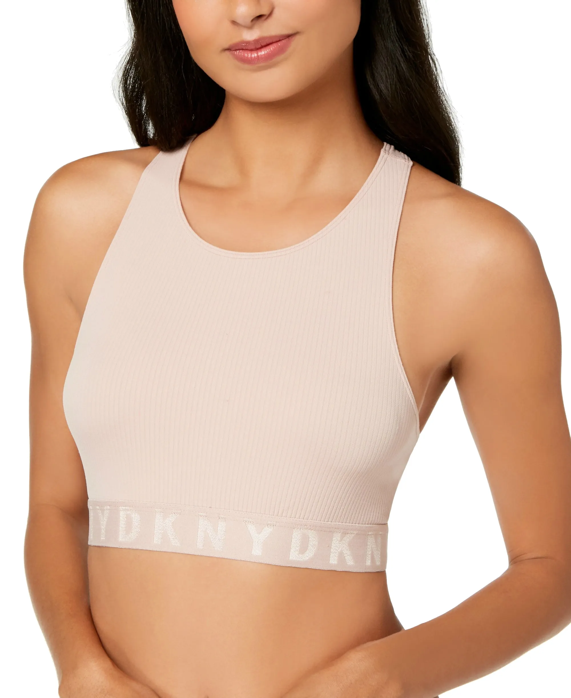 DKNY Women's Litewear Seamless Ribbed Crop Top Bralette, Pink, XL