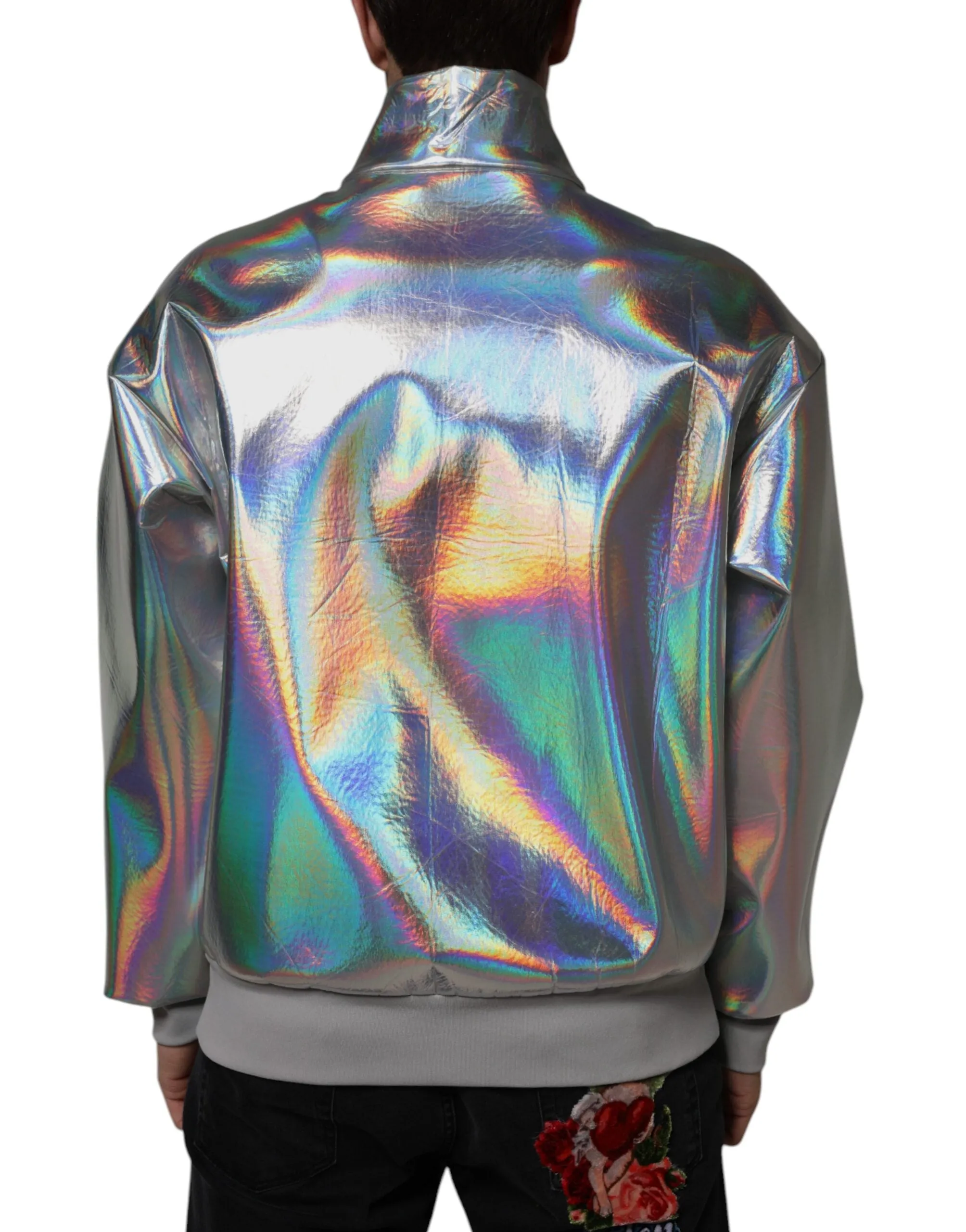 Dolce & Gabbana Silver Iridescent Full Zip Men Bomber Jacket