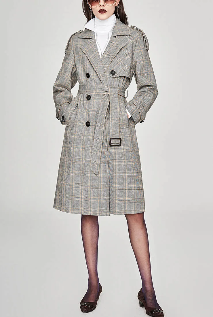 Double-breasted Plaid Long Trench Coat