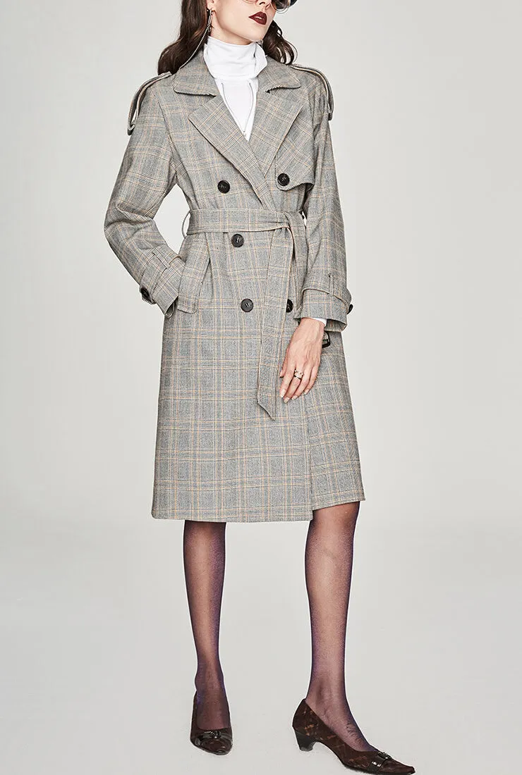 Double-breasted Plaid Long Trench Coat