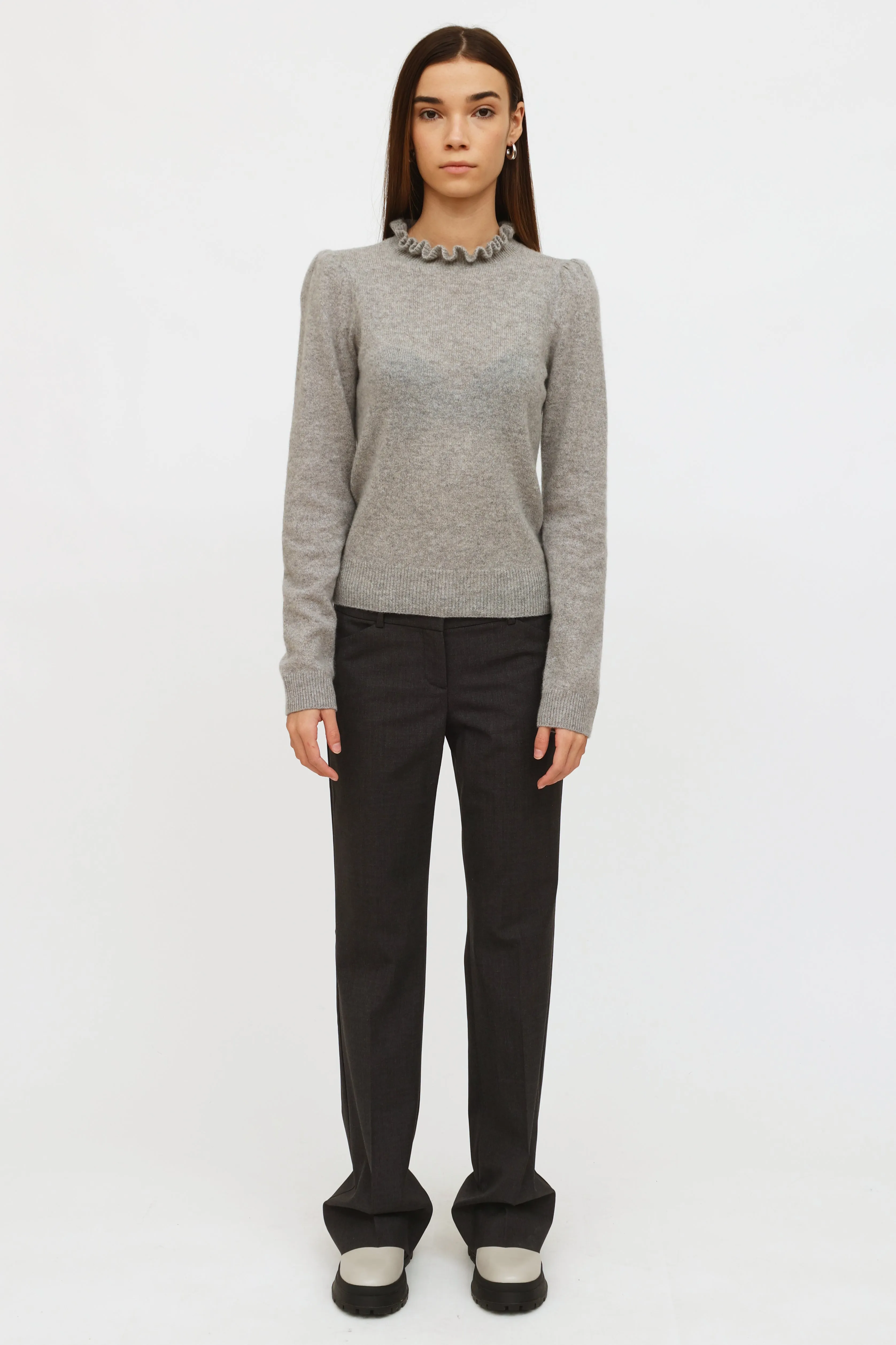 Grey Cashmere Ruffle Collar Sweater