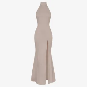 Juliette Stretch Maxi Dress with Crew Neck and Slits House Of Cb mushroom color