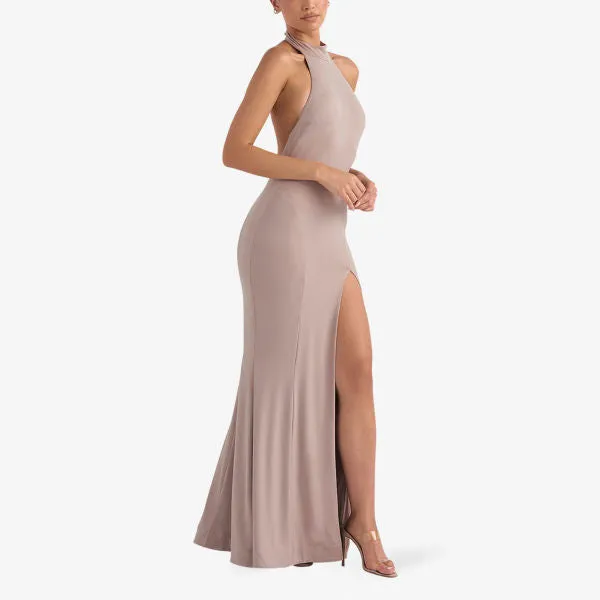 Juliette Stretch Maxi Dress with Crew Neck and Slits House Of Cb mushroom color