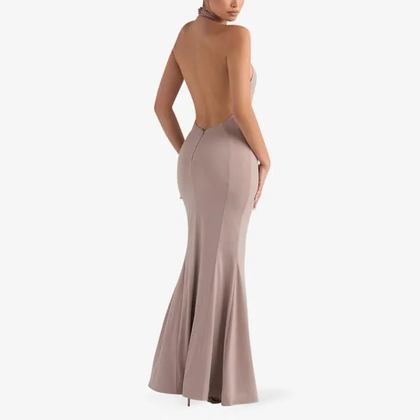 Juliette Stretch Maxi Dress with Crew Neck and Slits House Of Cb mushroom color