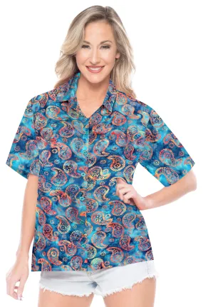 LA LEELA Women's Beach Button Down Short Sleeve Casual Batik hand printed Blouse Blue