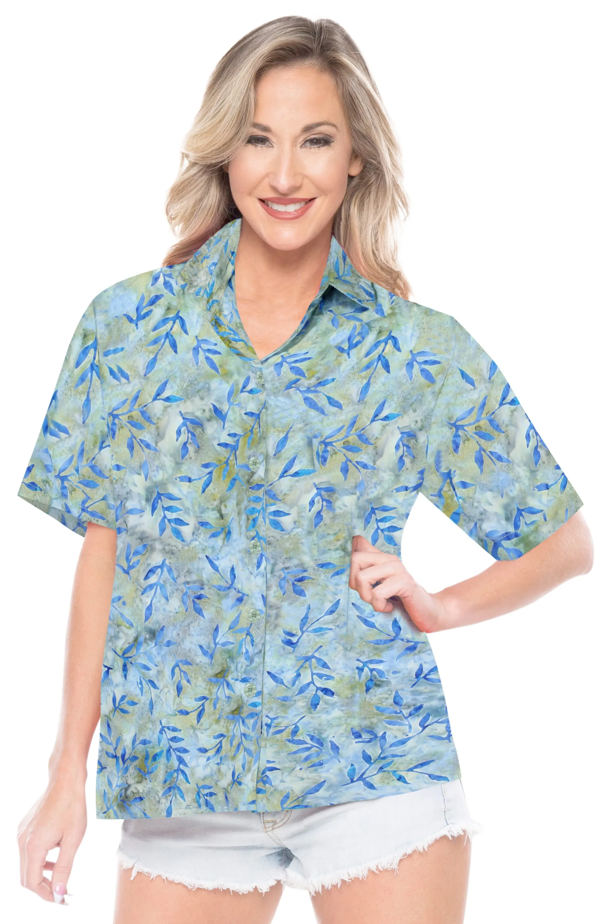 LA LEELA Women's Beach Button Down Short Sleeve Casual Leaf hand printed Blouse sky Blue