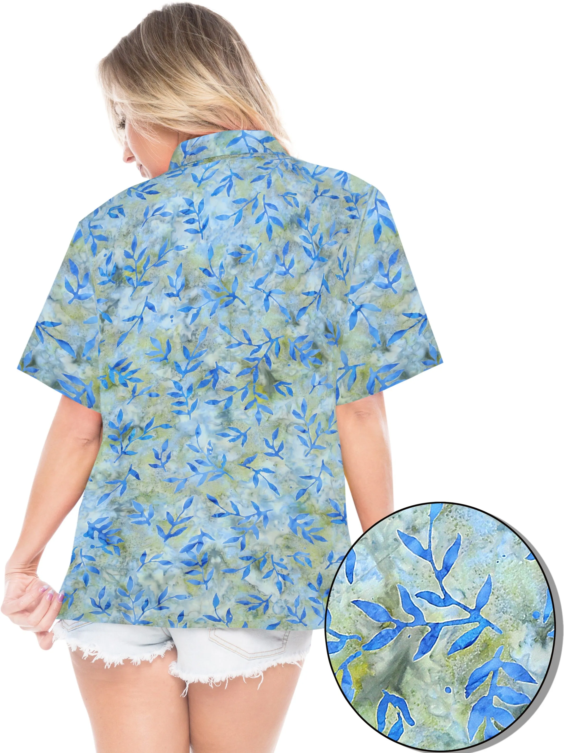 LA LEELA Women's Beach Button Down Short Sleeve Casual Leaf hand printed Blouse sky Blue