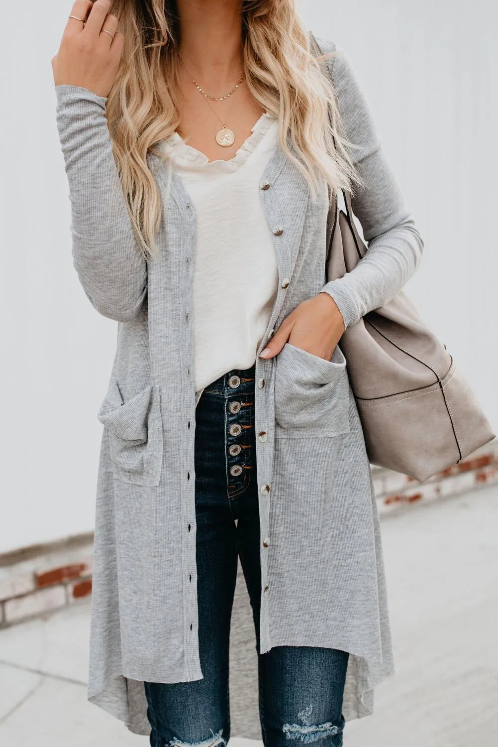 Light Gray Selected Button Down Pocketed Knit High Low Long Cardigan