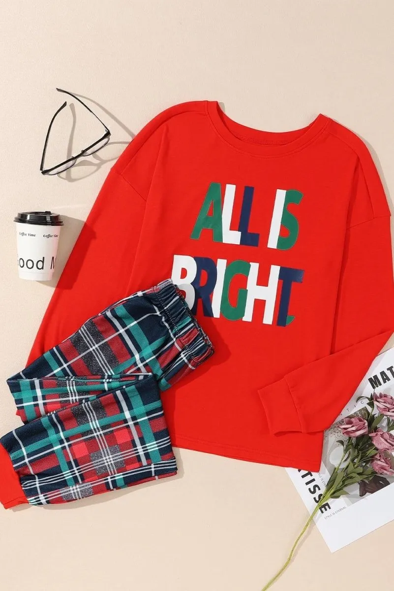 Multicolor Plaid "ALL IS BRIGHT" Graphic Christmas Pajamas Set