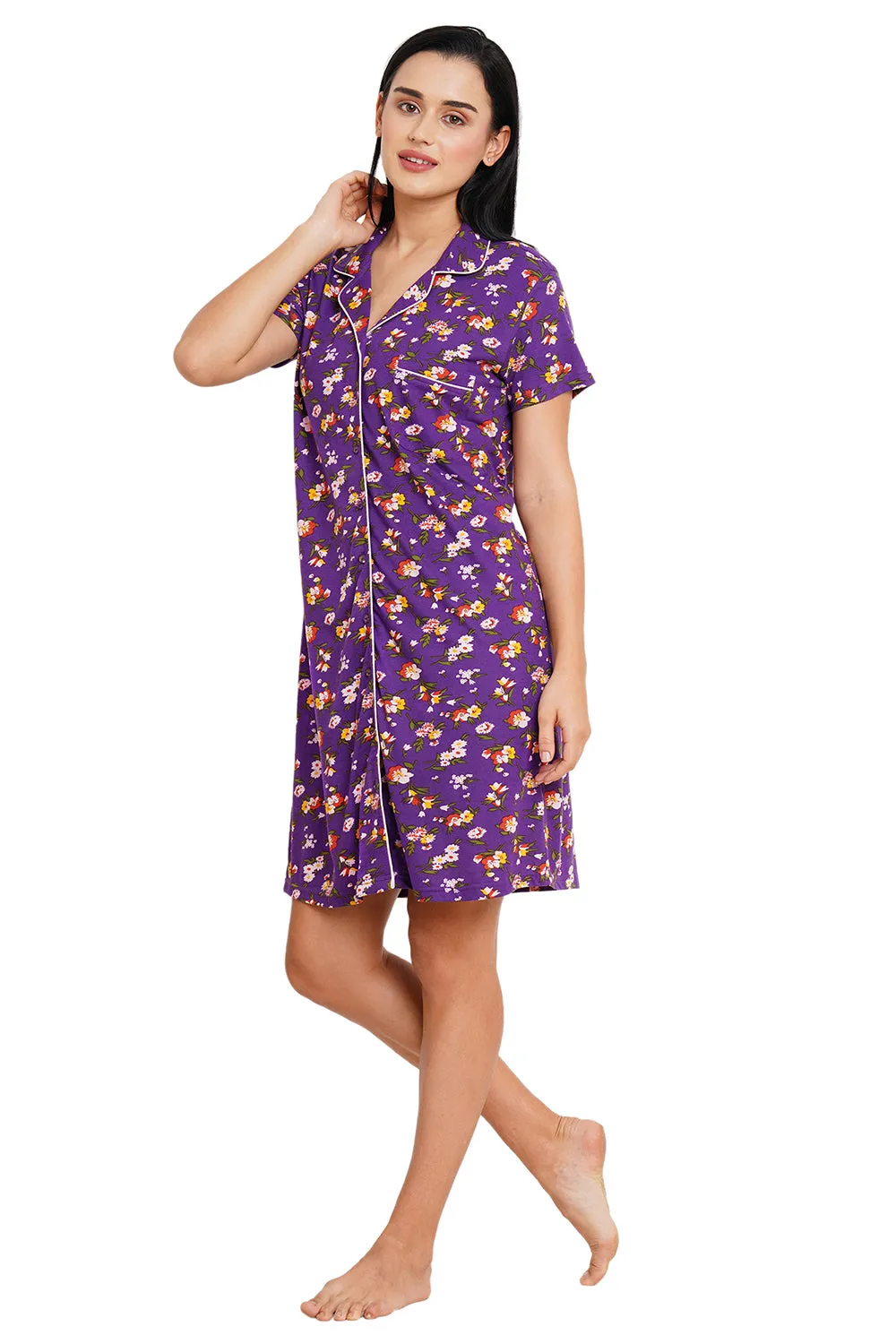 Organic Cotton and Bamboo fibre sleep shirt with an eye mask_ISL025-Acai floral print