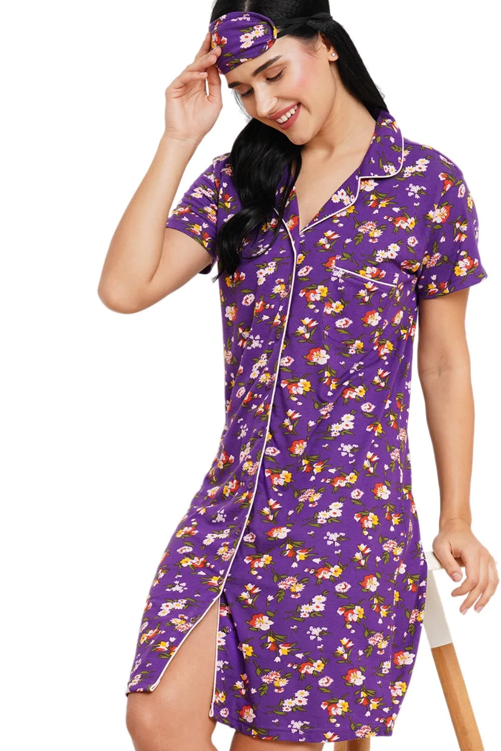 Organic Cotton and Bamboo fibre sleep shirt with an eye mask_ISL025-Acai floral print