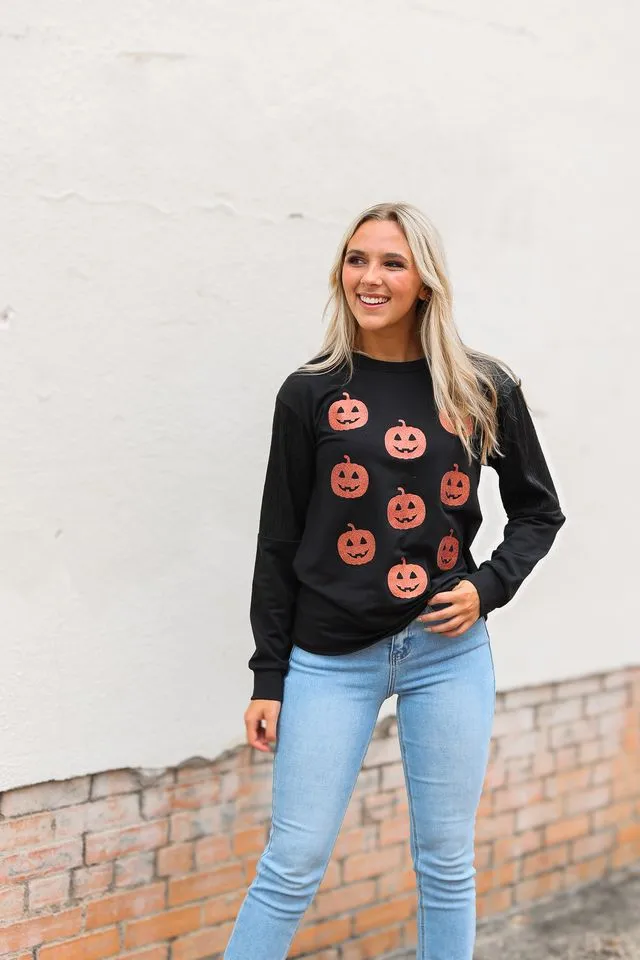 Sequin Pumpkins on Black Sweatshirt