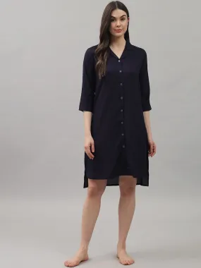 Solid Navy Blue Knee Length Rayon Sleep Shirt