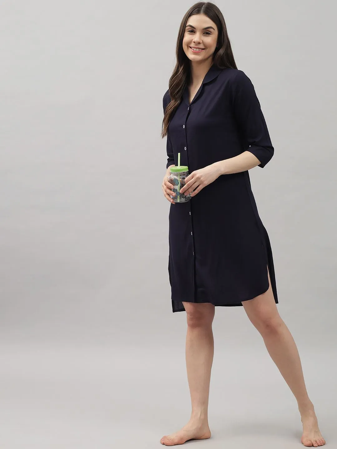 Solid Navy Blue Knee Length Rayon Sleep Shirt