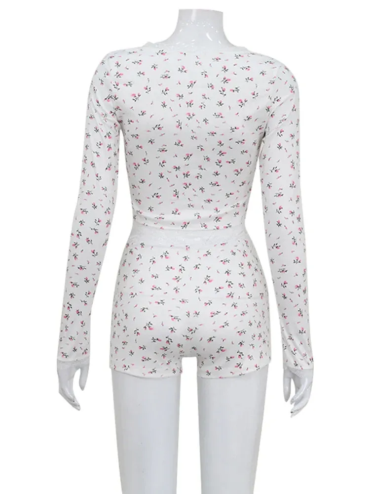 Spring Loungewear Set Women's Floral Long Sleeve Top & Shorts