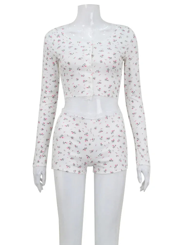 Spring Loungewear Set Women's Floral Long Sleeve Top & Shorts