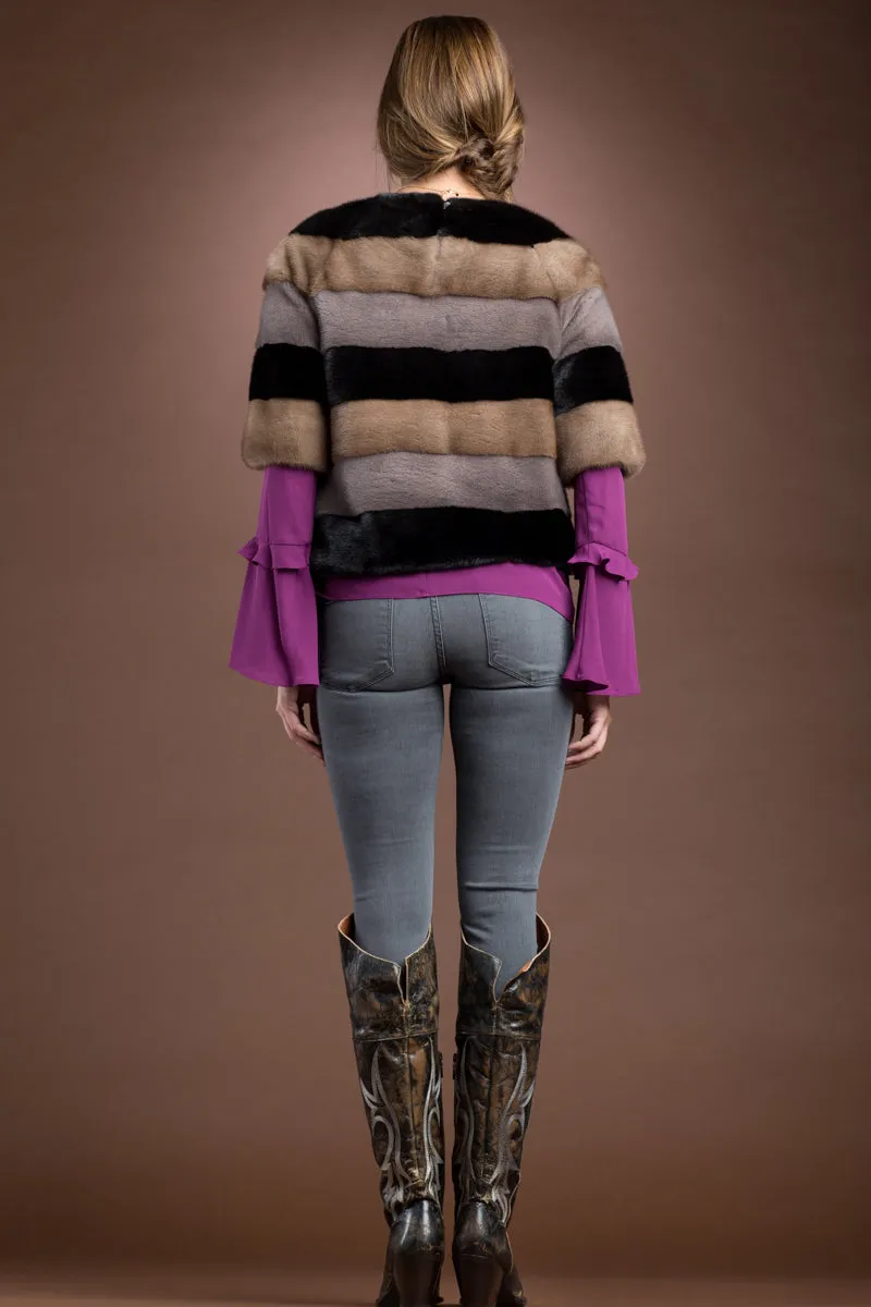 Tri - Color Horizontal Mink Fur Pull - Over with Side Zipper