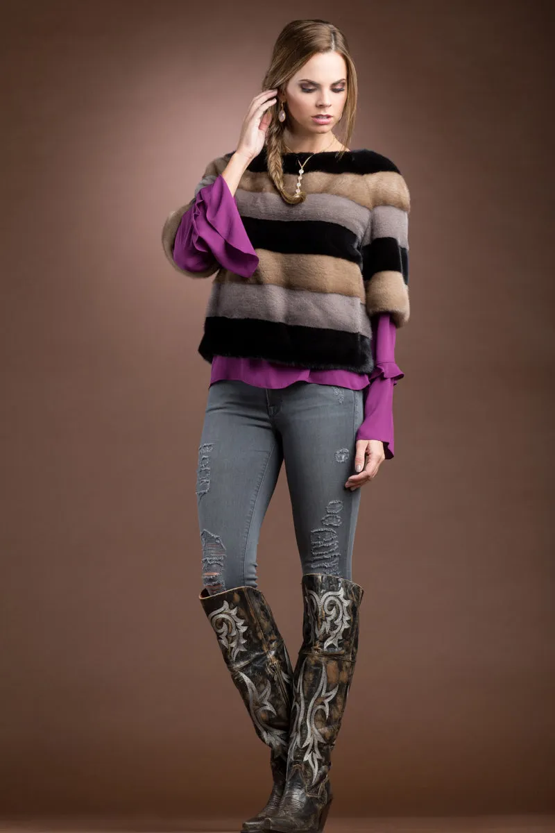 Tri - Color Horizontal Mink Fur Pull - Over with Side Zipper