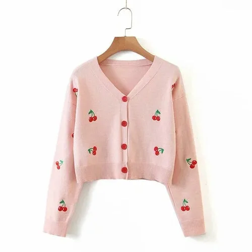 Vintage Embroidered Cropped Cardigans V-neck Soft Knitted Sweaters