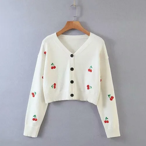 Vintage Embroidered Cropped Cardigans V-neck Soft Knitted Sweaters