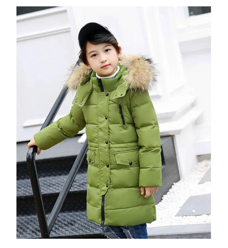 Winter Children Down Jacket For Boys Warm Real Raccoon Fur Hooded Long Boys Outerwear Coat 2-12 Years Kids Jacket