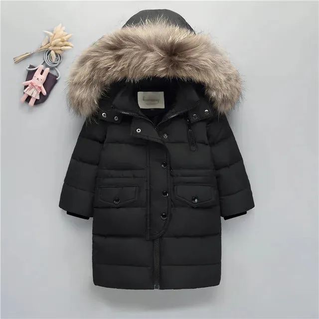 Winter Children Down Jacket For Boys Warm Real Raccoon Fur Hooded Long Boys Outerwear Coat 2-12 Years Kids Jacket