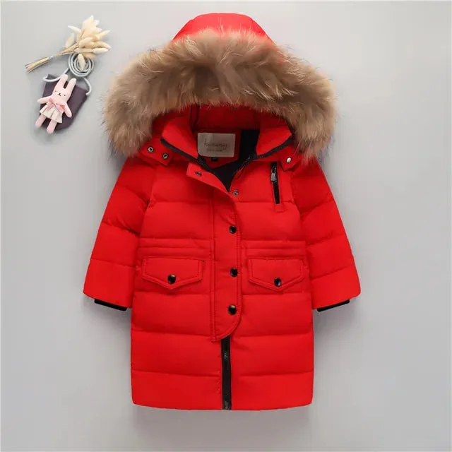 Winter Children Down Jacket For Boys Warm Real Raccoon Fur Hooded Long Boys Outerwear Coat 2-12 Years Kids Jacket