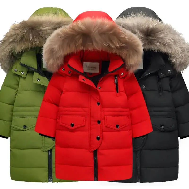 Winter Children Down Jacket For Boys Warm Real Raccoon Fur Hooded Long Boys Outerwear Coat 2-12 Years Kids Jacket