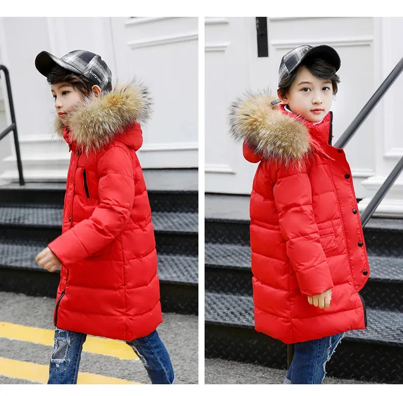 Winter Children Down Jacket For Boys Warm Real Raccoon Fur Hooded Long Boys Outerwear Coat 2-12 Years Kids Jacket