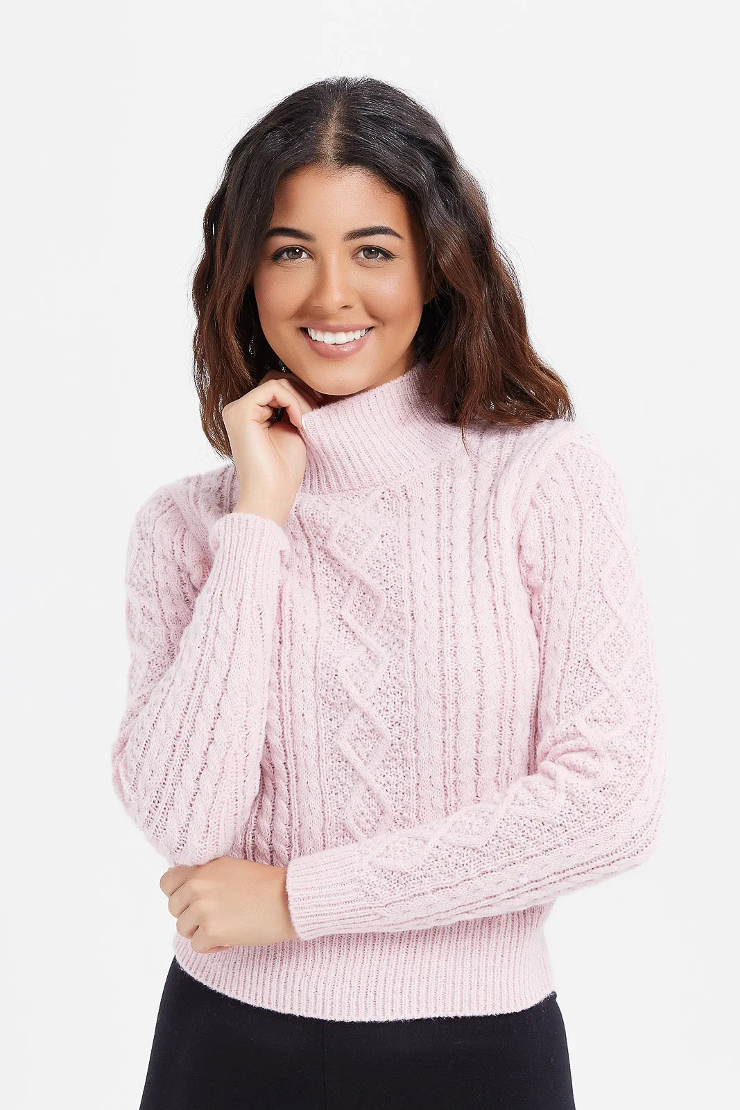 Women Pink High Neck Cable Pullover