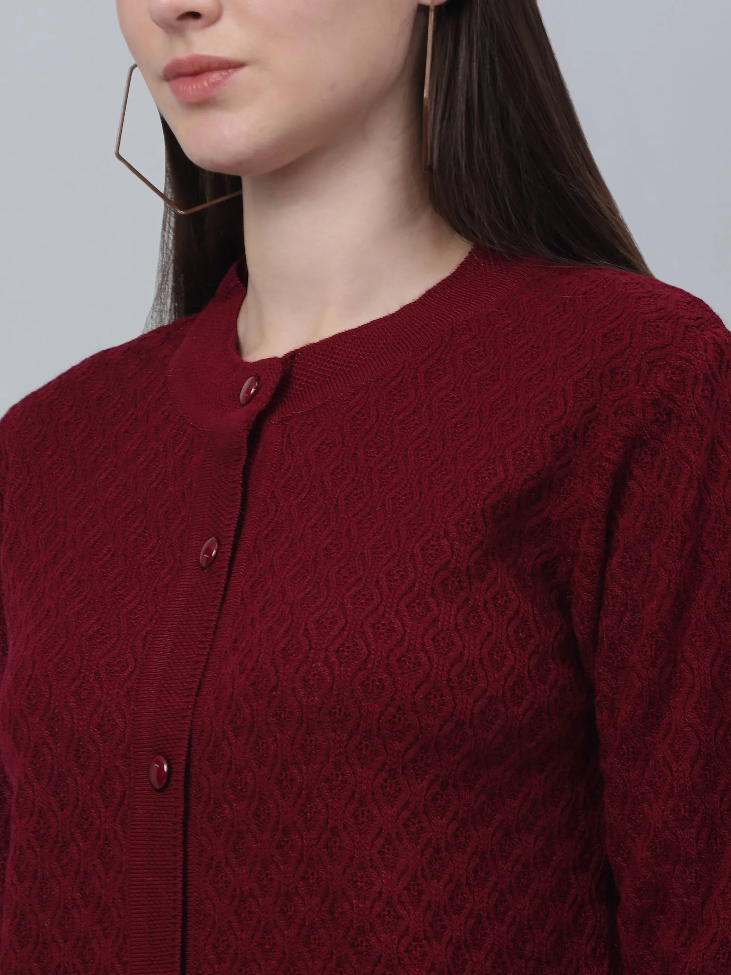 Women's Casual  Maroon Round neck Cardigan Sweater