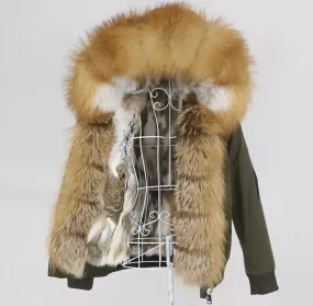 Women's Fox Fur Short Parka in Green